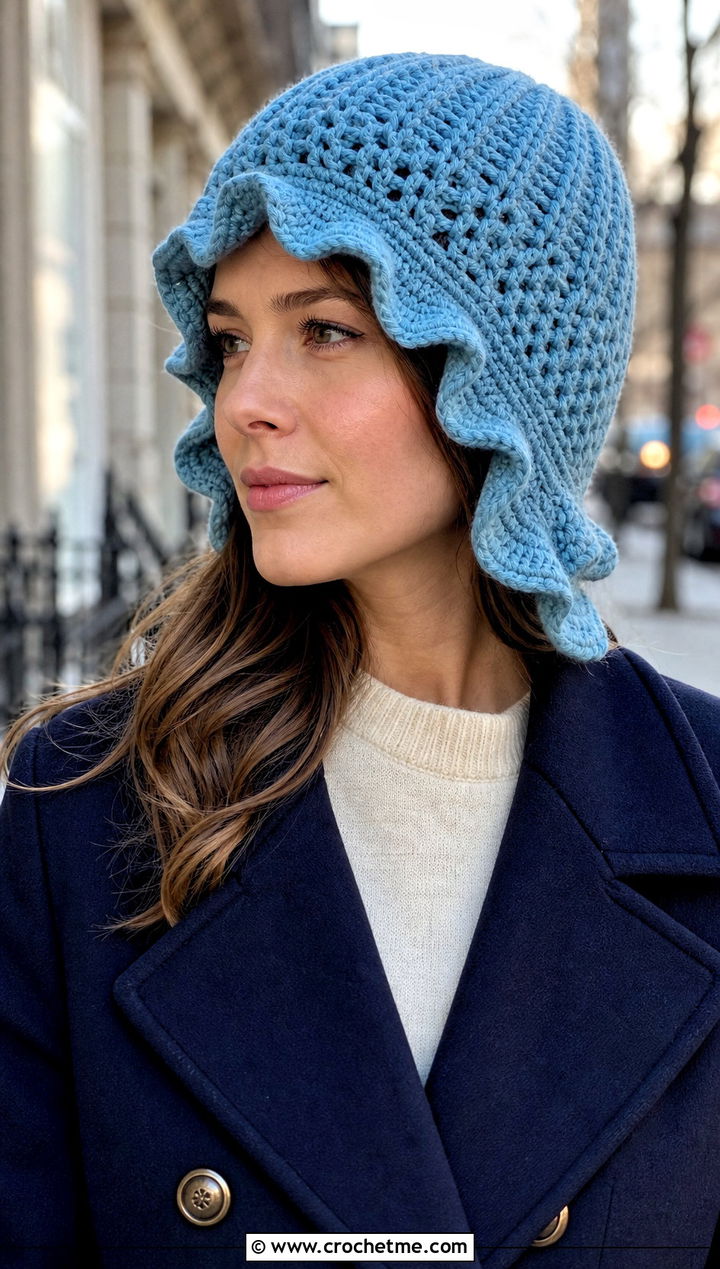 Ruffled Edge Ear Flap Beanie With Peacoat - 30 crochet ear flap beanie outfit ideas