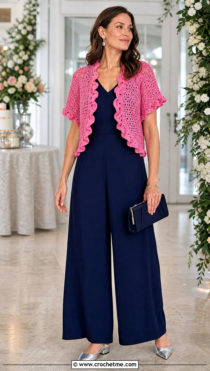 Ruffled Edge Granny Shrug With Slip Jumpsuit - 25 Crochet Granny Shrug outfit ideas