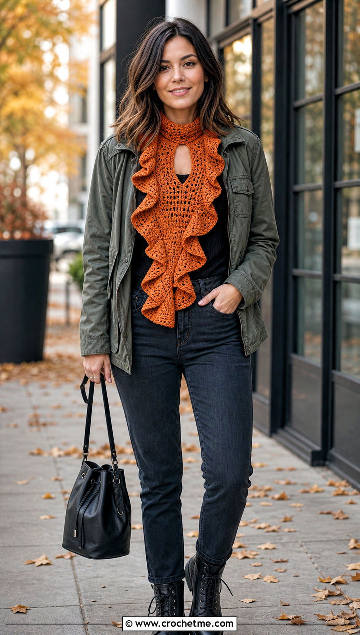 Ruffled Edge Keyhole Crochet Scarf With Utility Jacket - 25 Keyhole Crochet Scarf outfit ideas