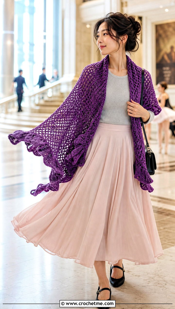 Ruffled Edge Triangle Crochet Shawl With Ballet Skirt And Knit Top - 35 triangle crochet shawl outfit ideas