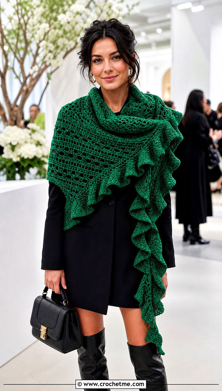 Ruffled Edge Triangle Crochet Shawl With Blazer Dress And Boots - 30 easy triangle crochet shawl outfit ideas