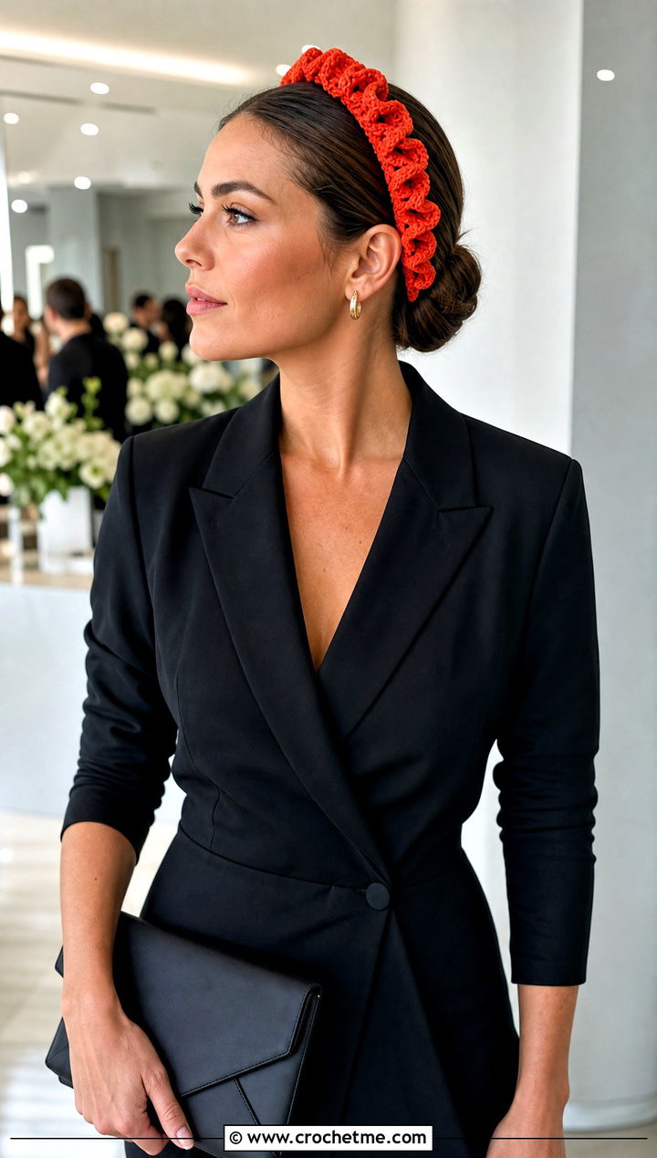 Ruffled Elastic Crochet Headband With a Blazer Dress - 25 Crochet Headbands With Elastic outfit ideas