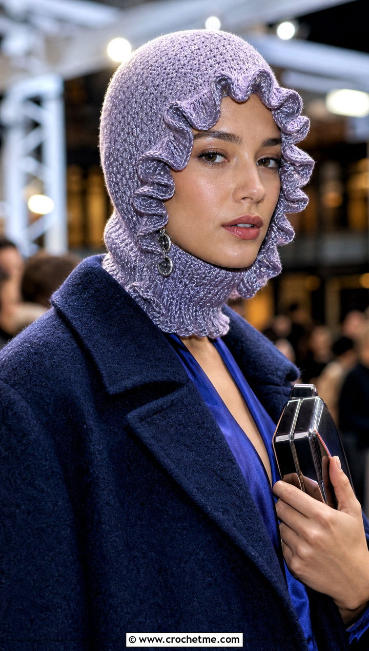 Ruffled Face Edge Crochet Balaclava With Evening Outfit - 25 easy crochet balaclava outfit ideas