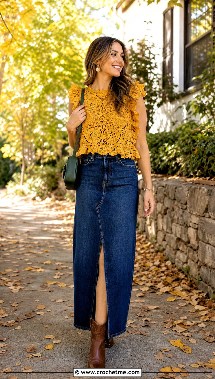 Ruffled Flower Mesh Crochet Top With Denim Maxi Skirt - 25 mesh flower crochet top outfit ideas