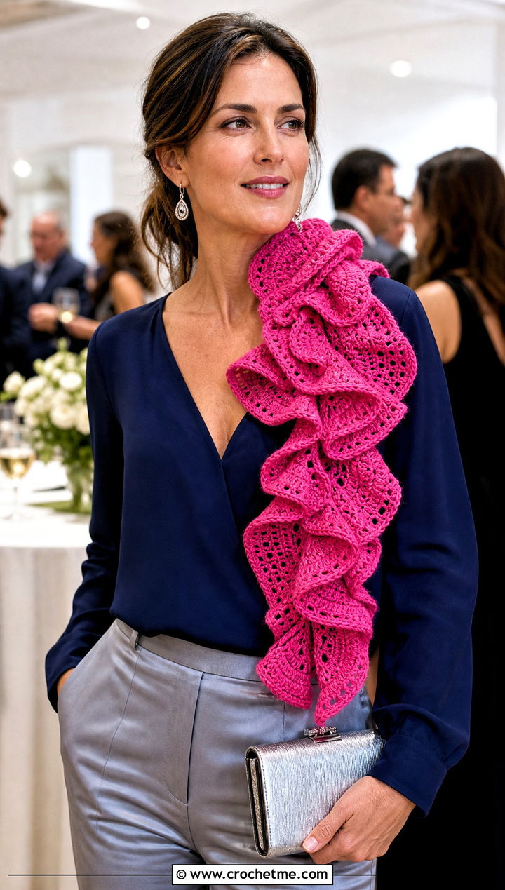 Ruffled Freeform Crochet Scarf With Blouse And Satin Trousers - 25 Freeform Crochet Scarf outfit ideas