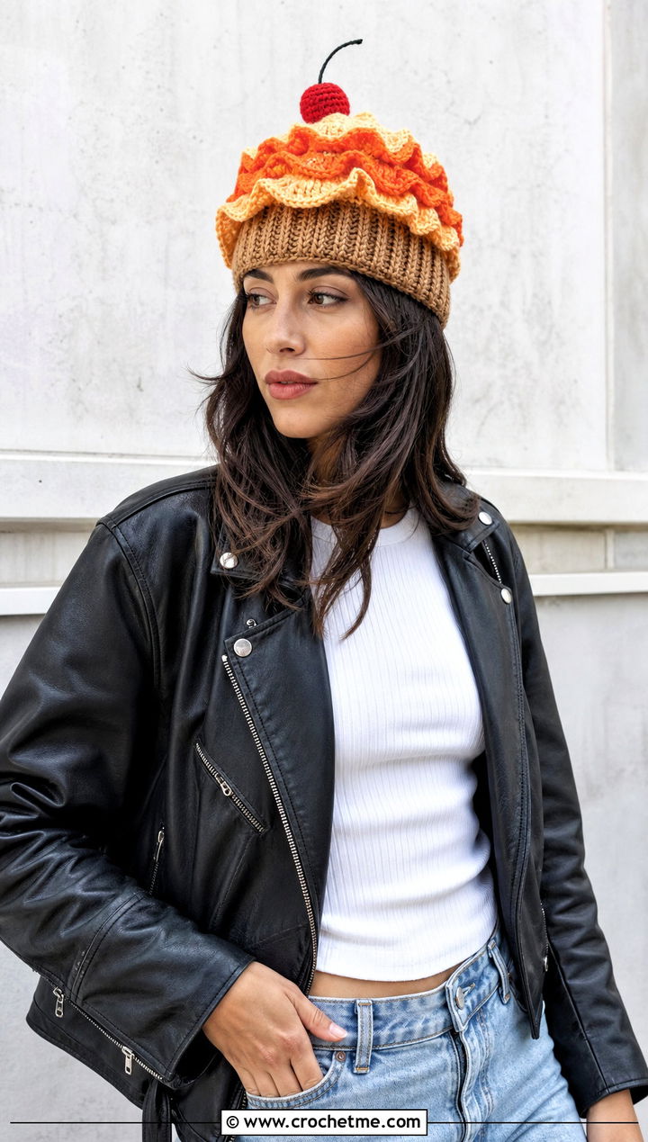 Ruffled Frosting Crochet Cupcake Beanie With Leather Jacket - 15 Crochet Cupcake Beanie outfit ideas