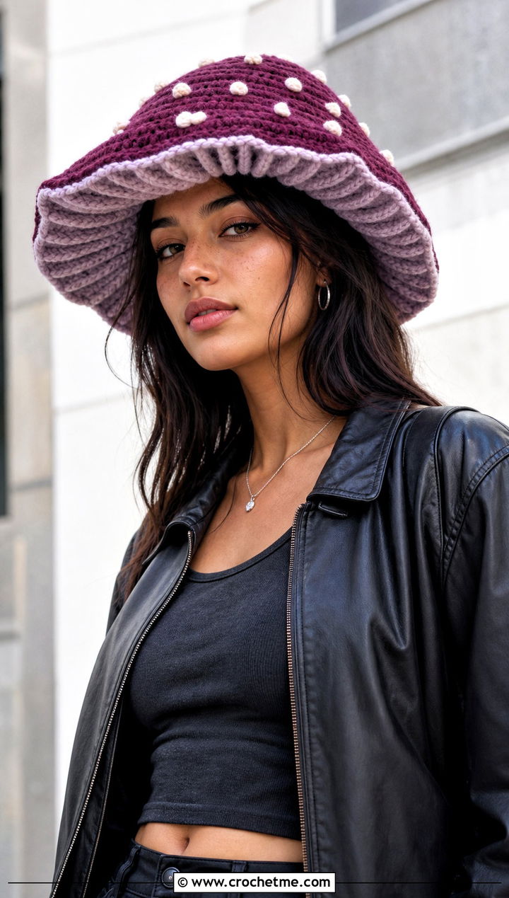 Ruffled Gill Mushroom Crochet Cap With Leather Jacket - 20 Mushroom Crochet Cap outfit ideas