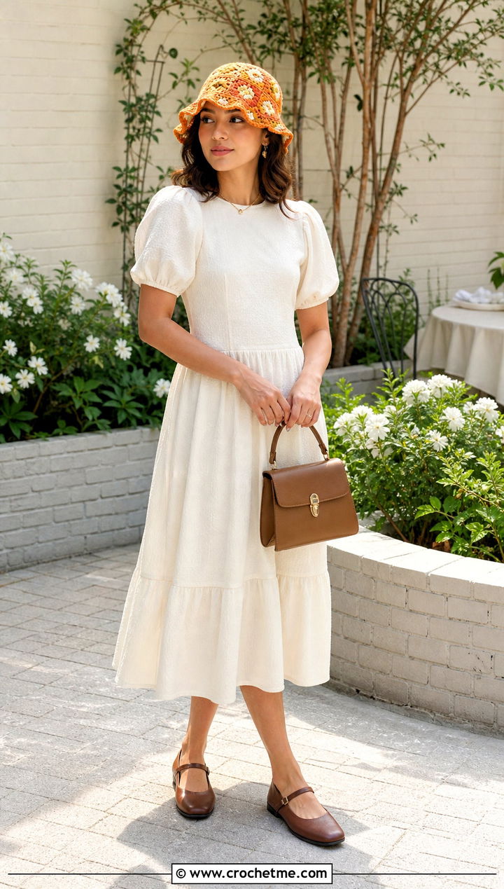 Ruffled Granny Square Bucket Hat With Puff Sleeve Dress - 35 granny square hats outfit ideas