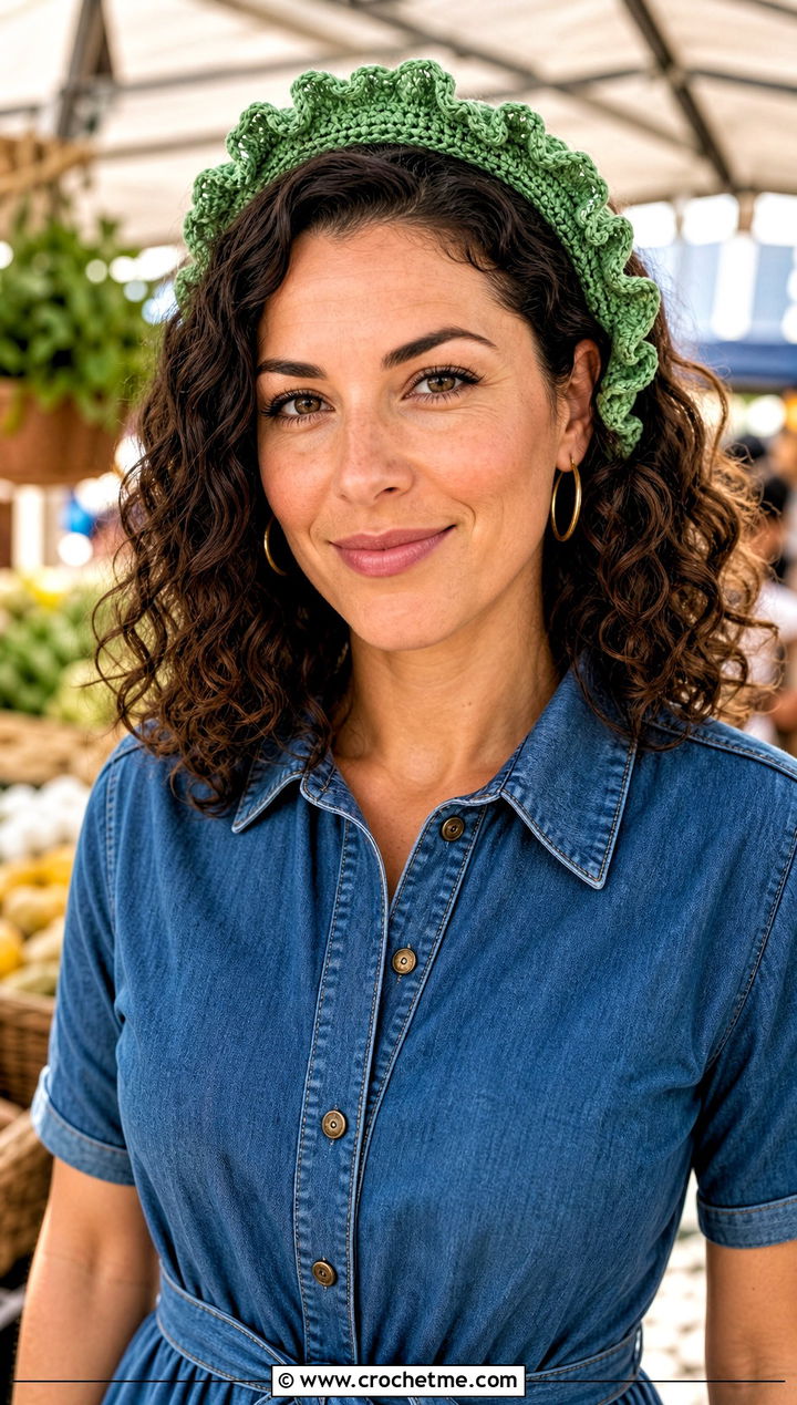 Ruffled Green Crochet Headband With Denim Dress And Clogs - 30 green crochet headband outfit ideas