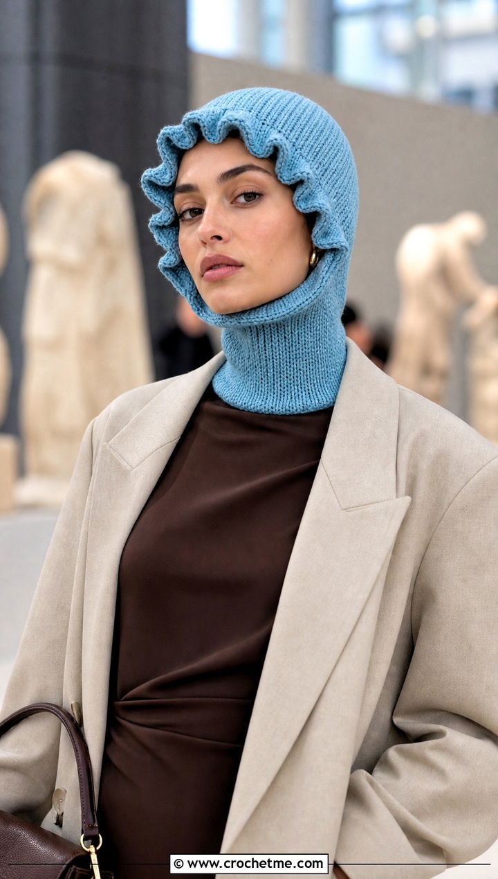 Ruffled Helmet Balaclava With Minimalist Dress - 25 crochet helmet balaclava outfit ideas