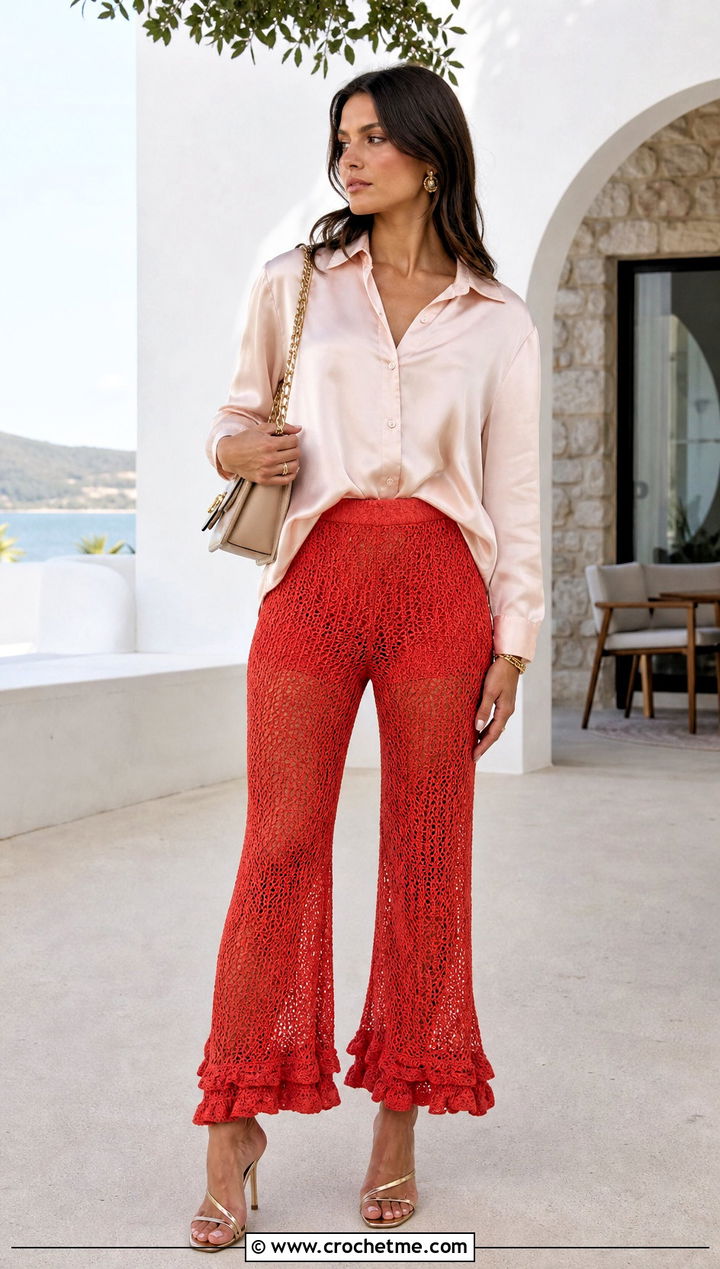 Ruffled Hem Crochet Mesh Pants With Satin Shirt - 35 crochet mesh pants outfit ideas