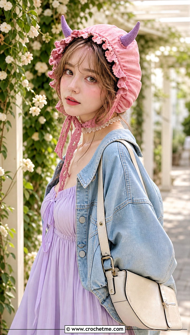 Ruffled Horn Bonnet With Babydoll Dress - 30 crochet hat with horns outfit ideas