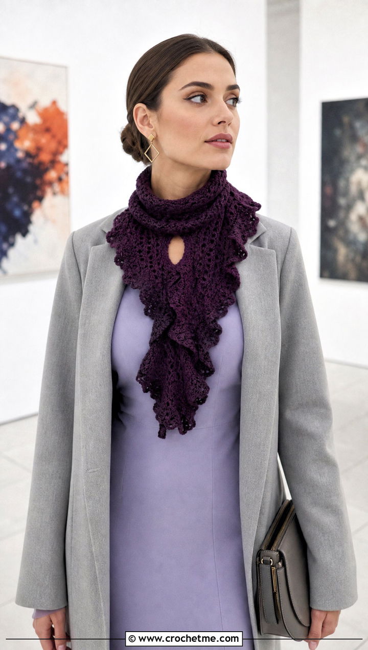 Ruffled Keyhole Crochet Scarf With Minimalist Dress - 15 Key Hole Crochet Scarf outfit ideas