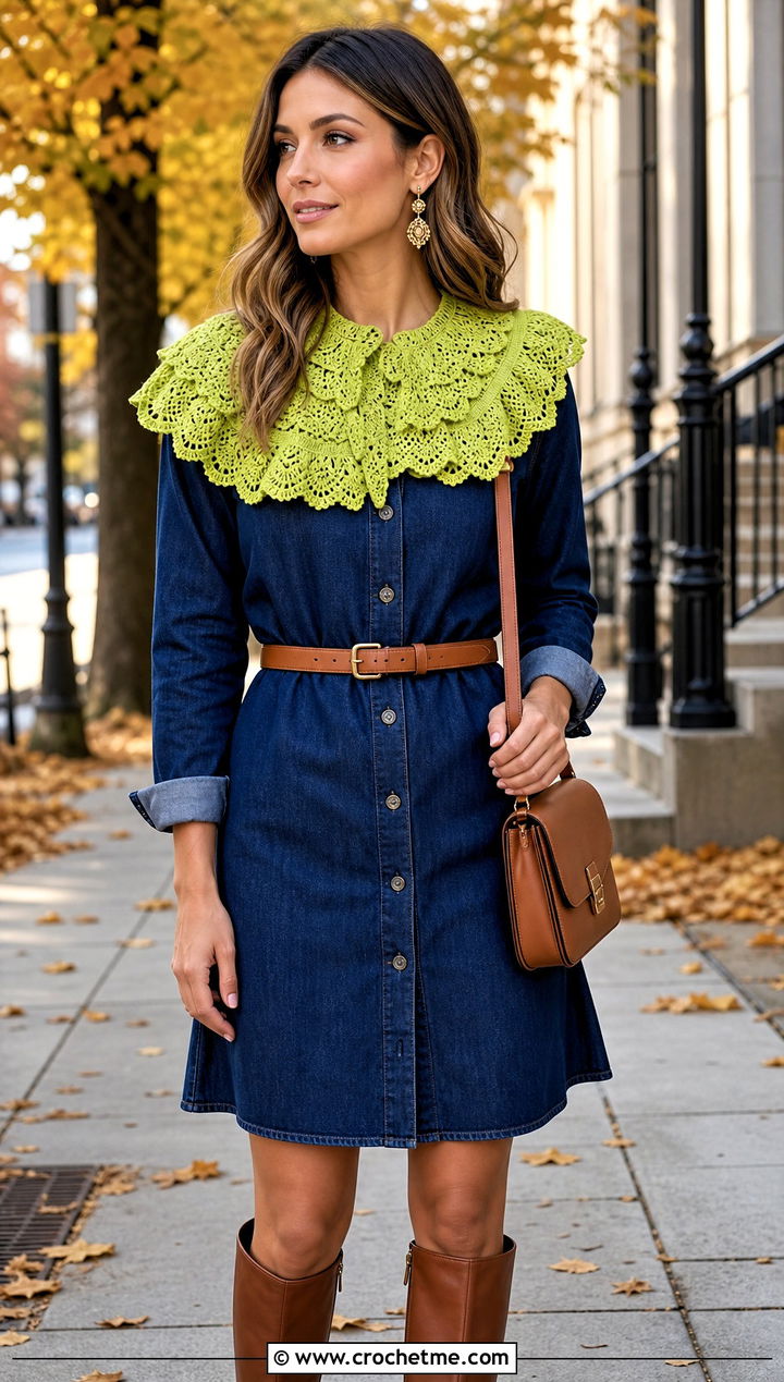 Ruffled Lace Crochet Collar With Denim Dress - 25 Lace Crochet Collar outfit ideas