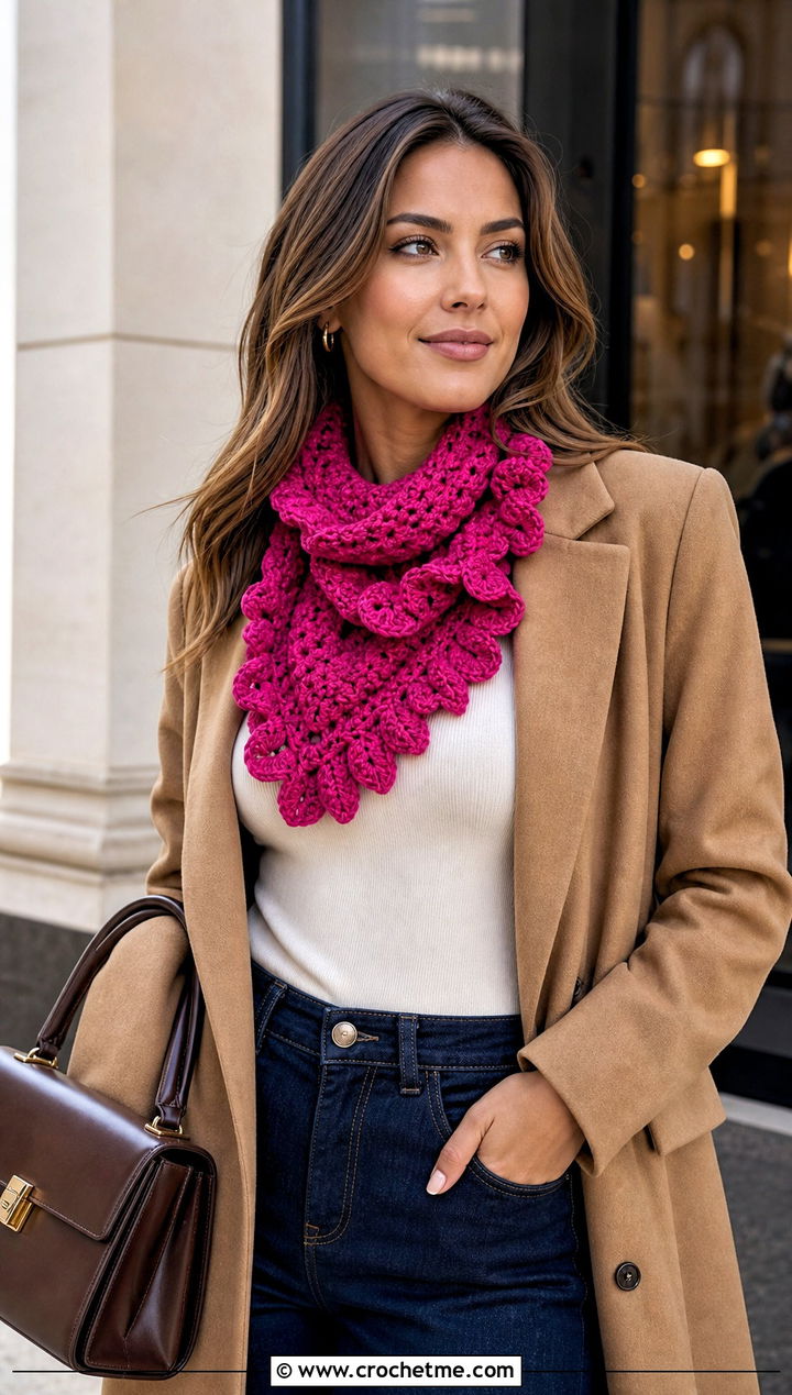 Ruffled Lemon Peel Stitch Scarf With Blazer And Jeans - 20 Crochet Lemon Peel Stitch Scarf outfit ideas