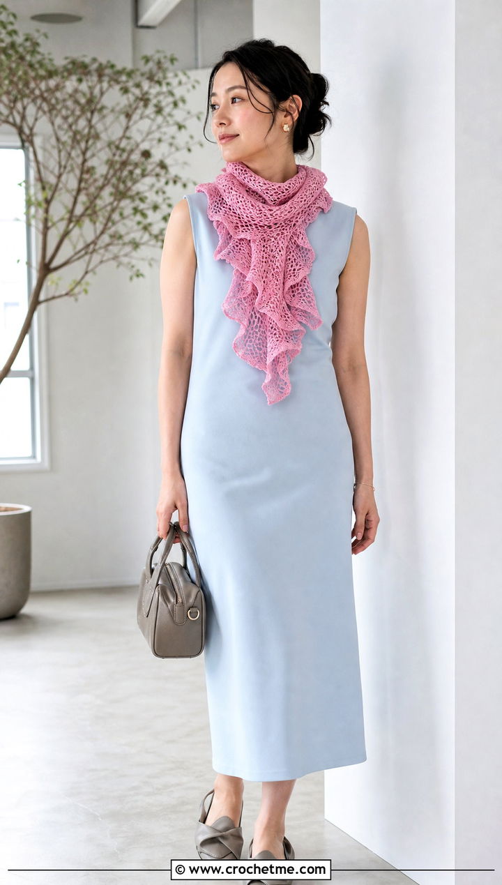 Ruffled Mesh Crochet Scarf With Minimalist Dress - 25 Mesh Crochet Scarf outfit ideas