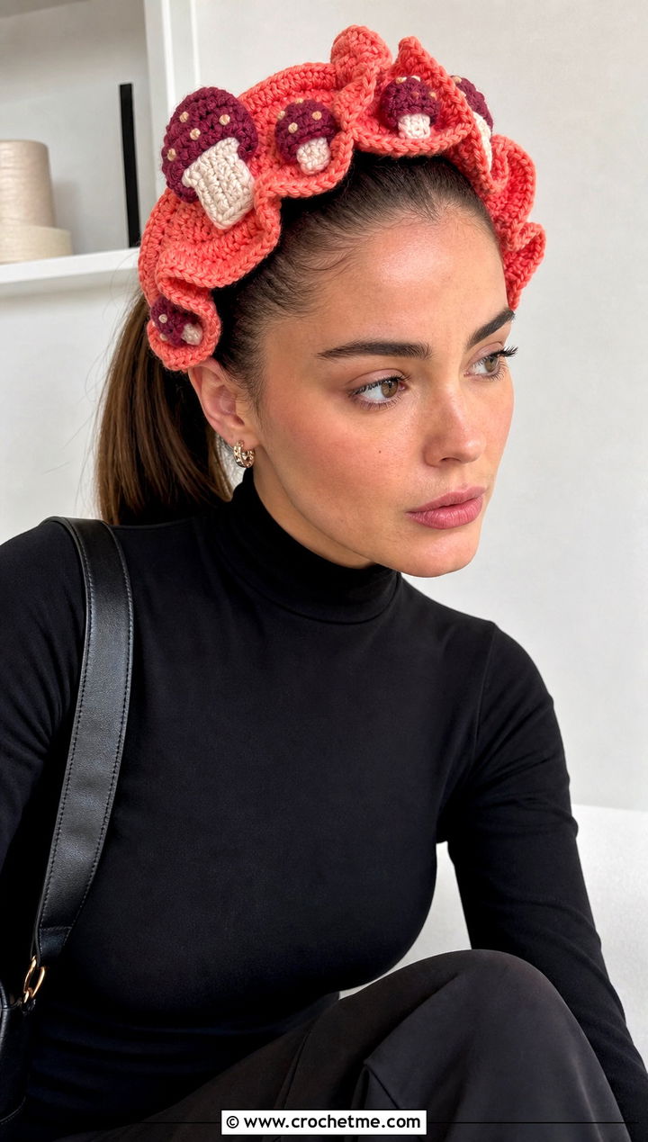 Ruffled Mushroom Headband With Minimal Black Outfit - 25 mushroom crochet headband outfit ideas