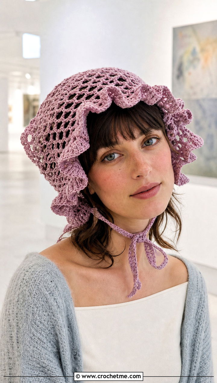 Ruffled Net Bonnet With Ballet Flats - 25 crochet net hat outfit ideas