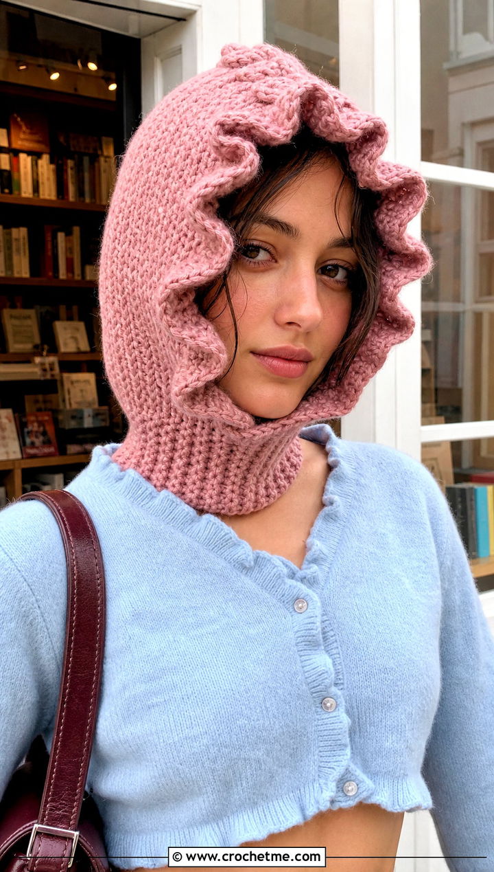 Ruffled Pink Crochet Balaclava With Cropped Cardigan - 25 Pink Crochet Balaclava outfit ideas