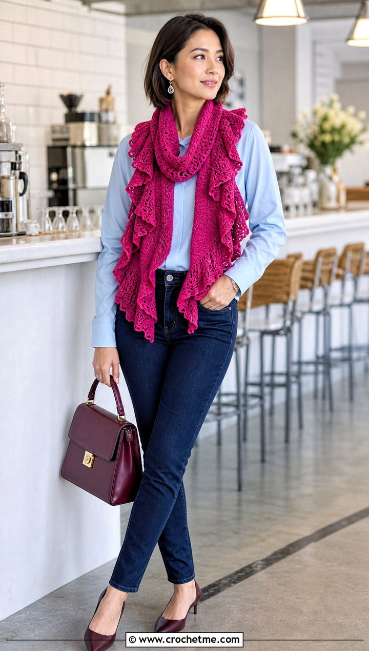 Ruffled Shell Scarf With Blouse And Tailored Jeans - 25 crochet shell scarf outfit ideas