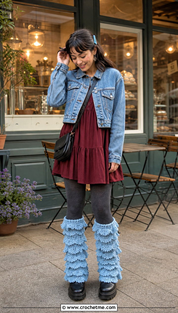 Ruffled Slouchy Crochet Leg Warmers With Babydoll Dress - 25 Slouchy Crochet Leg Warmers outfit ideas