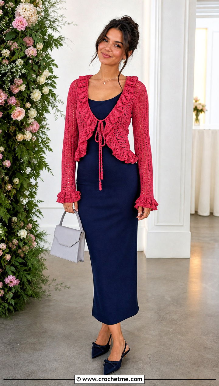 Ruffled Tie Front Crochet Cardigan With Column Dress - 35 crochet tie cardigan outfit ideas