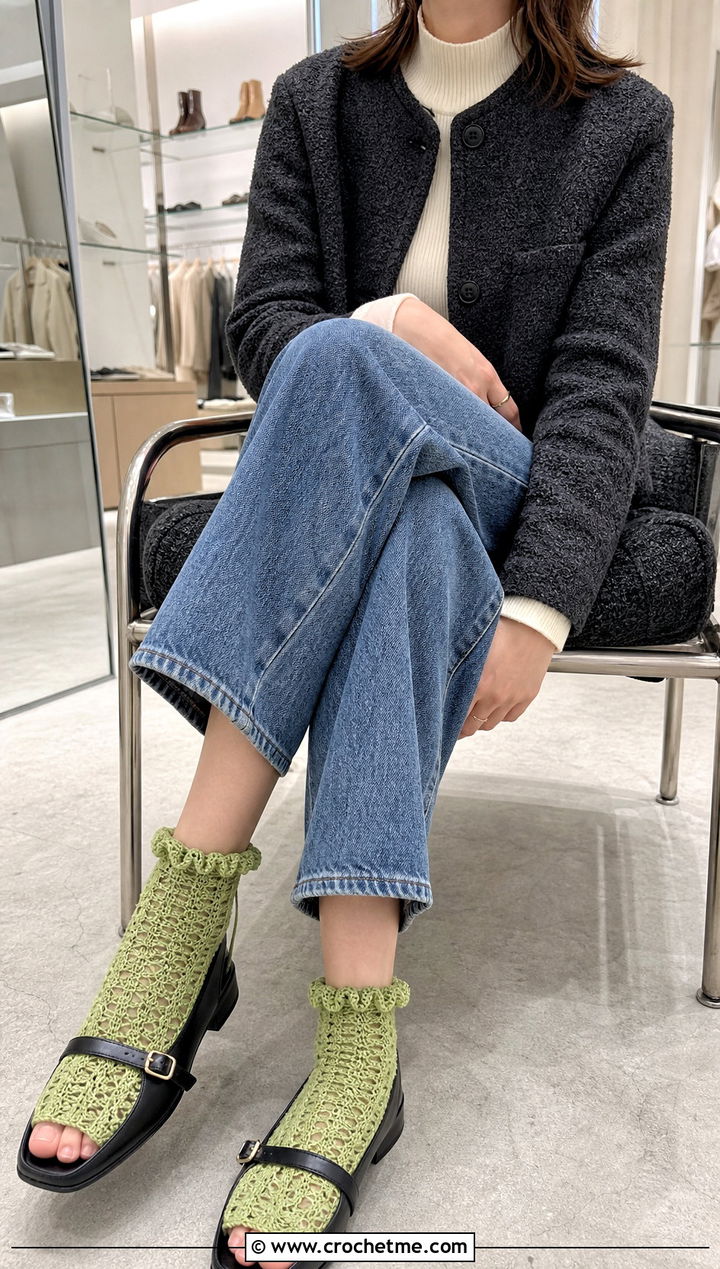 Ruffled Toeless Crochet Socks With Mary Jane Sandals - 20 Toeless Crochet Socks outfit ideas