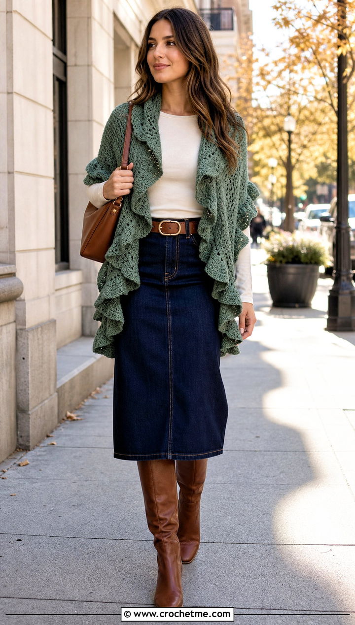 Ruffled Triangle Shawl With Denim Midi Skirt And Boots - 35 Easy Simple Crochet Triangle Shawl outfit ideas