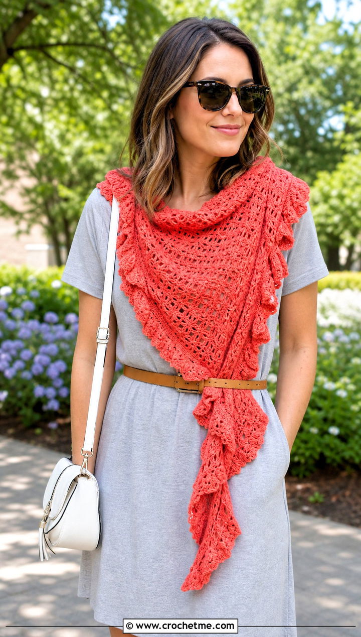 Ruffled Triangle Shawl With T Shirt Dress And Sneakers - 30 easy crochet triangle shawl outfit ideas