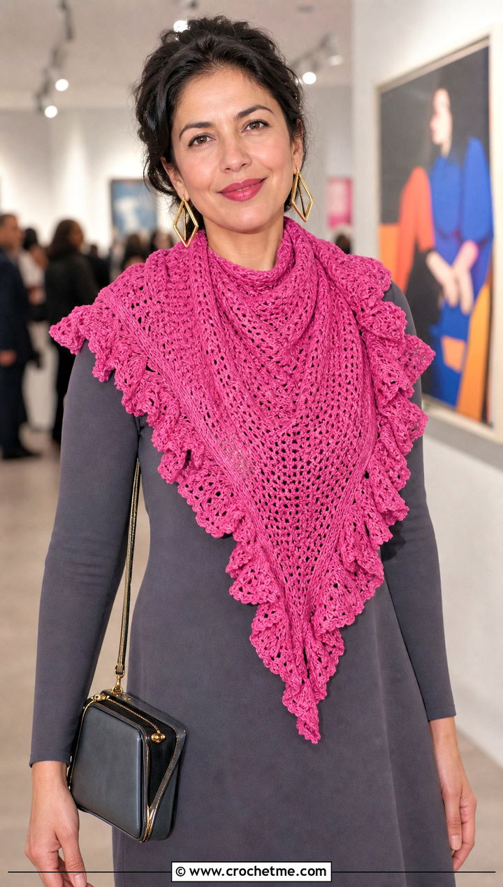 Ruffled Triangular Crochet Shawl With Minimalist Dress - 25 triangular crochet shawl outfit ideas