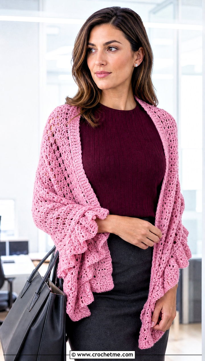 Ruffled V Stitch Crochet Shawl With Pencil Skirt - 25 V Stitch Crochet Shawl outfit ideas