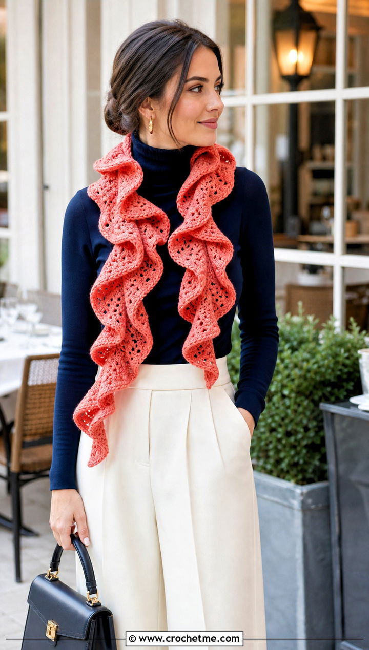 Ruffled Wave Crochet Scarf With Turtleneck and Culottes - 25 wavy crochet scarf outfit ideas