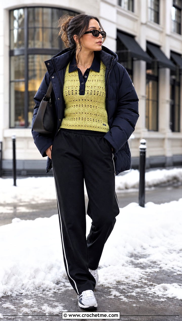 Rugby Crochet Top With Track Pants - 35 winter crochet top outfit ideas