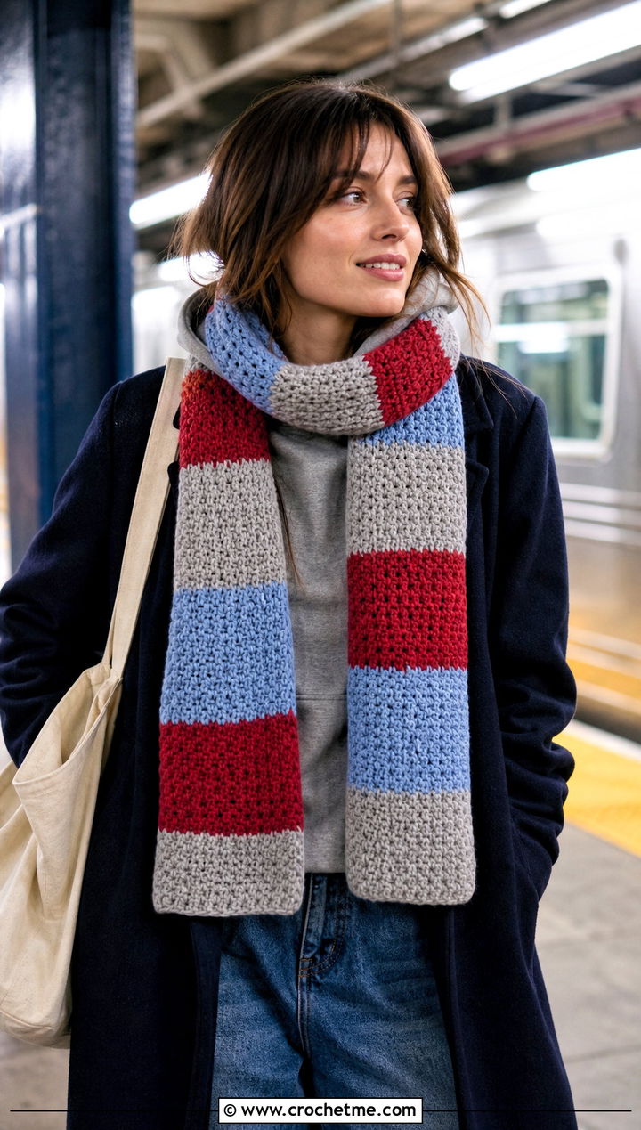 Rugby Stripe Crochet Scarf With Hoodie And Jeans - 30 Stripe Crochet Scarf outfit ideas