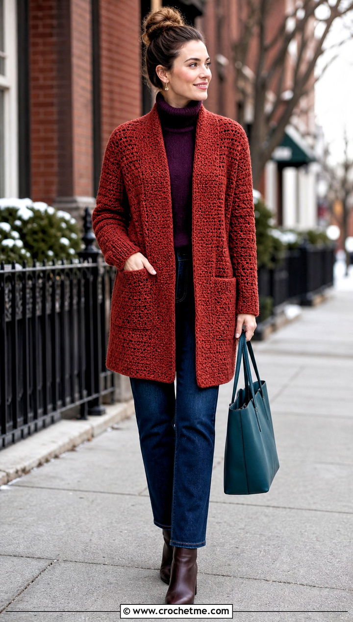 Rust Colored Crochet Coatigan With Straight Leg Jeans - 15 rust-colored crochet cardigan outfit ideas