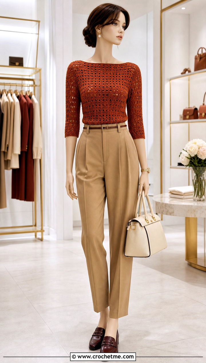 Rust Orange Boat Neck Crochet Top With Pleated Trousers - 15 orange crochet top on mannequin outfit ideas