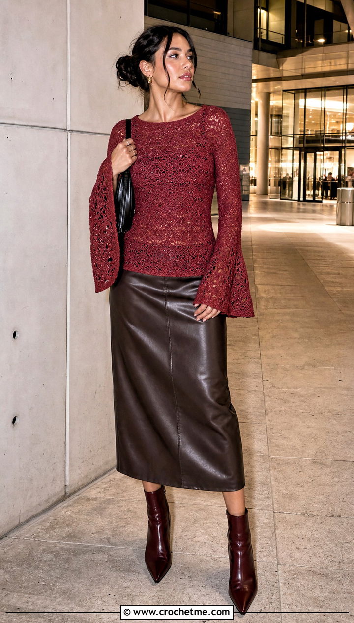 Rustic Red Bell Sleeve Crochet Top With Leather Skirt - 15 rustic red crochet top outfit ideas
