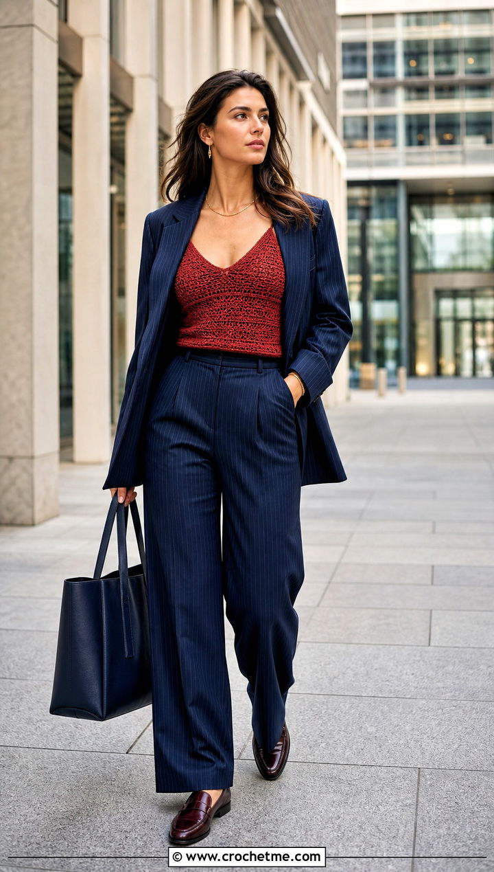 Rustic Red Crochet Camisole With Pinstripe Suit - 15 rustic red crochet top outfit ideas
