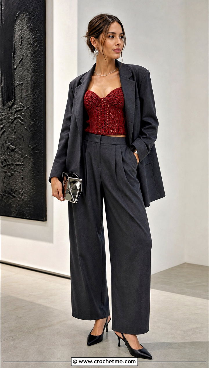 Rustic Red Crochet Corset Top With Tailored Trousers - 15 rustic red crochet top outfit ideas