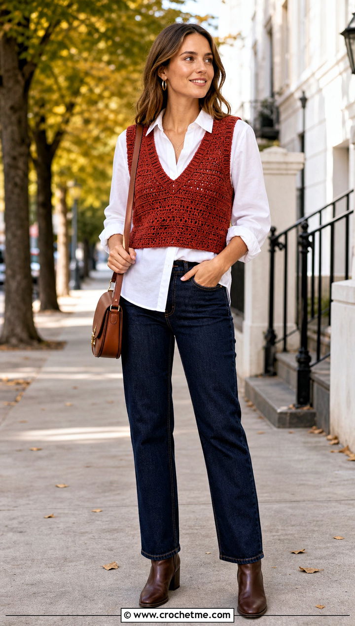Rustic Red Crochet Vest Top With White Button Down Shirt - 15 rustic red crochet top outfit ideas