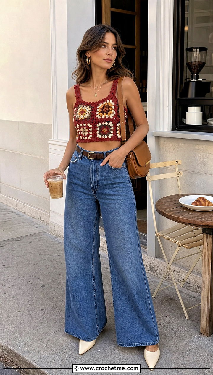 Rustic Red Granny Square Crop Top With Wide Leg Jeans - 15 rustic red crochet top outfit ideas