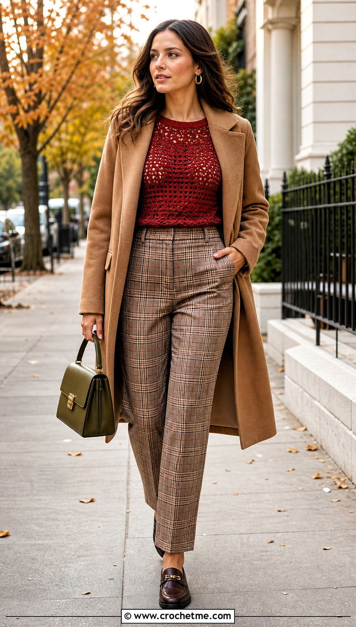 Rustic Red Long Sleeve Crochet Top With Plaid Trousers - 15 rustic red crochet top outfit ideas
