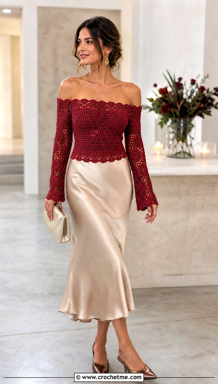 Rustic Red Off Shoulder Crochet Top With Satin Skirt - 15 rustic red crochet top outfit ideas