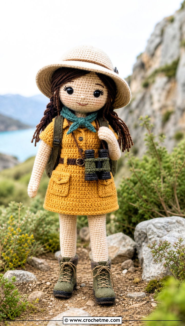 Safari Crochet Doll Dress With Hiking Boots - 25 amigurumi crochet doll dress outfit ideas