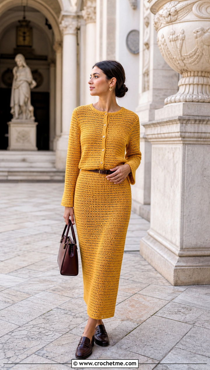 Saffron Crochet Cardigan Top And Column Skirt With Loafers - 15 yellow crochet top and skirt set outfit ideas