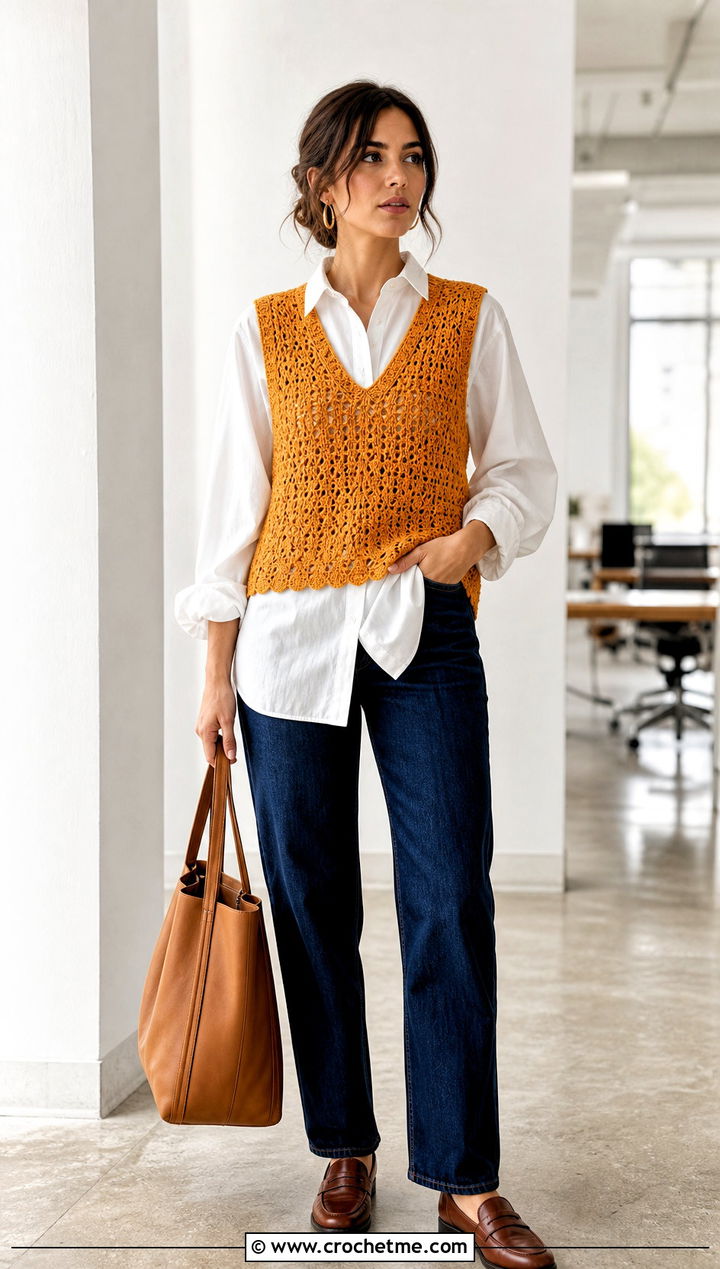 Saffron Crochet Sweater Vest With White Shirt - 35 crochet light sweater outfit ideas
