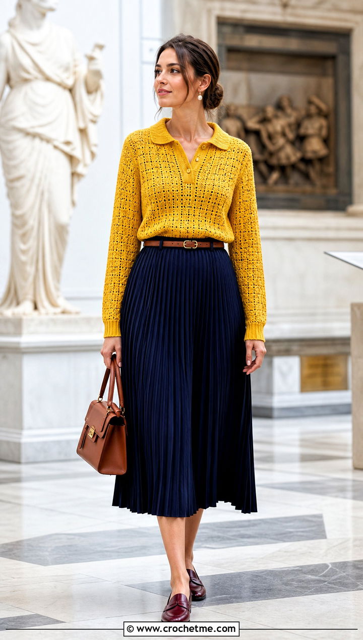 Saffron Yellow Crochet Polo Sweater With Pleated Midi Skirt - 15 Yellow Lace Crochet Sweater outfit ideas
