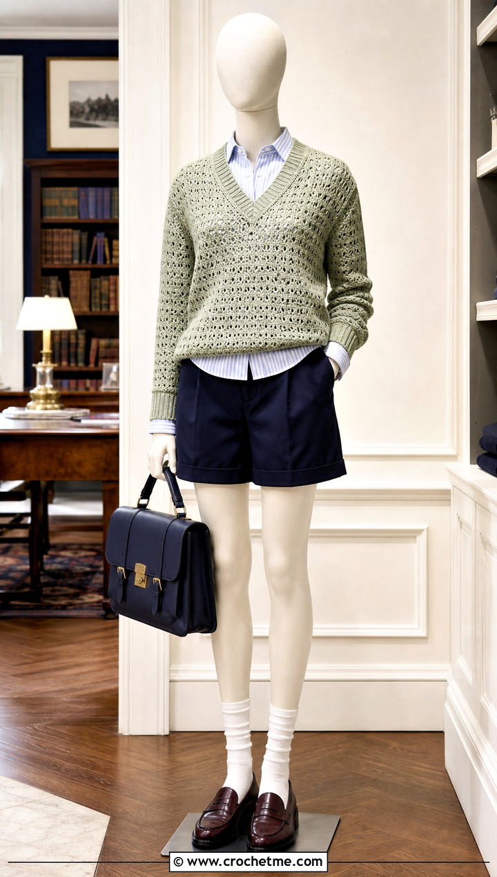 Sage V Neck Crochet Sweater With Button Down Shirt - 15 Green Crochet Sweater On Mannequin outfit ideas