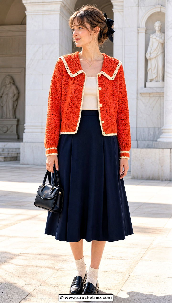 Sailor Collar Crochet Cardigan With A Line Skirt - 25 kawaii crochet cardigan outfit ideas