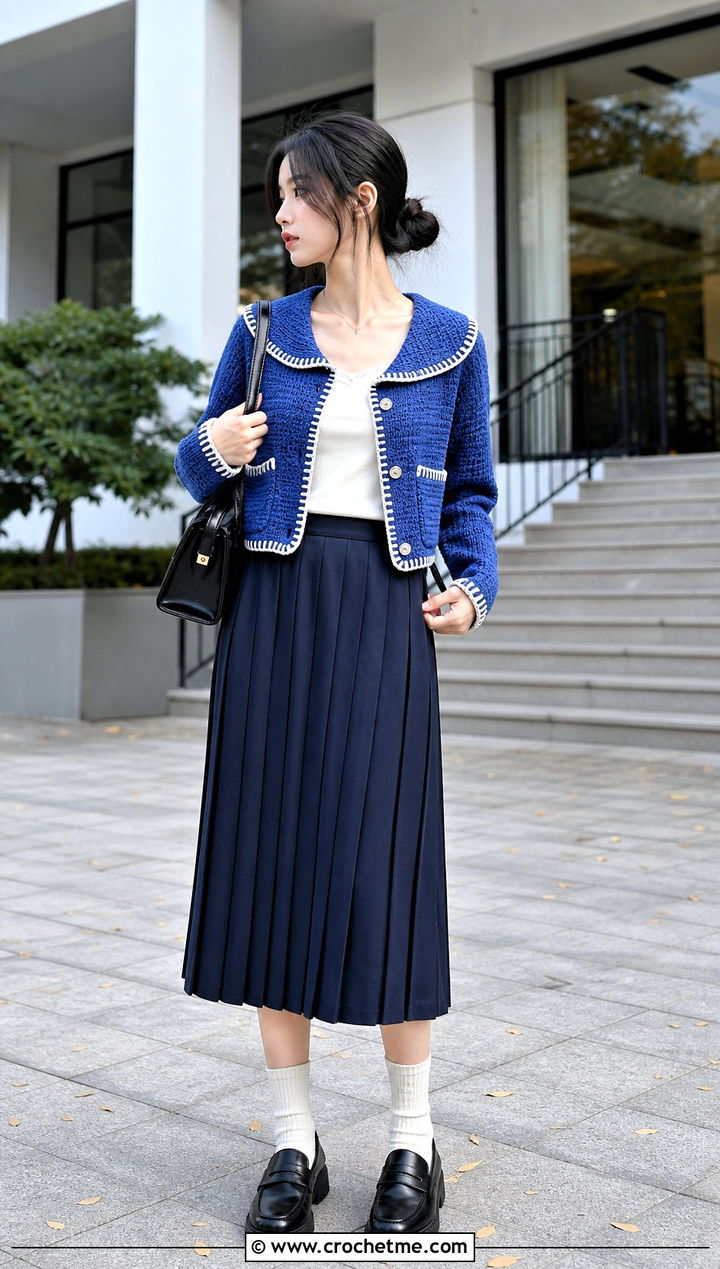 Sailor Collar Crochet Cardigan With Pleated Skirt - 30 anime inspired crochet clothes and outfit ideas